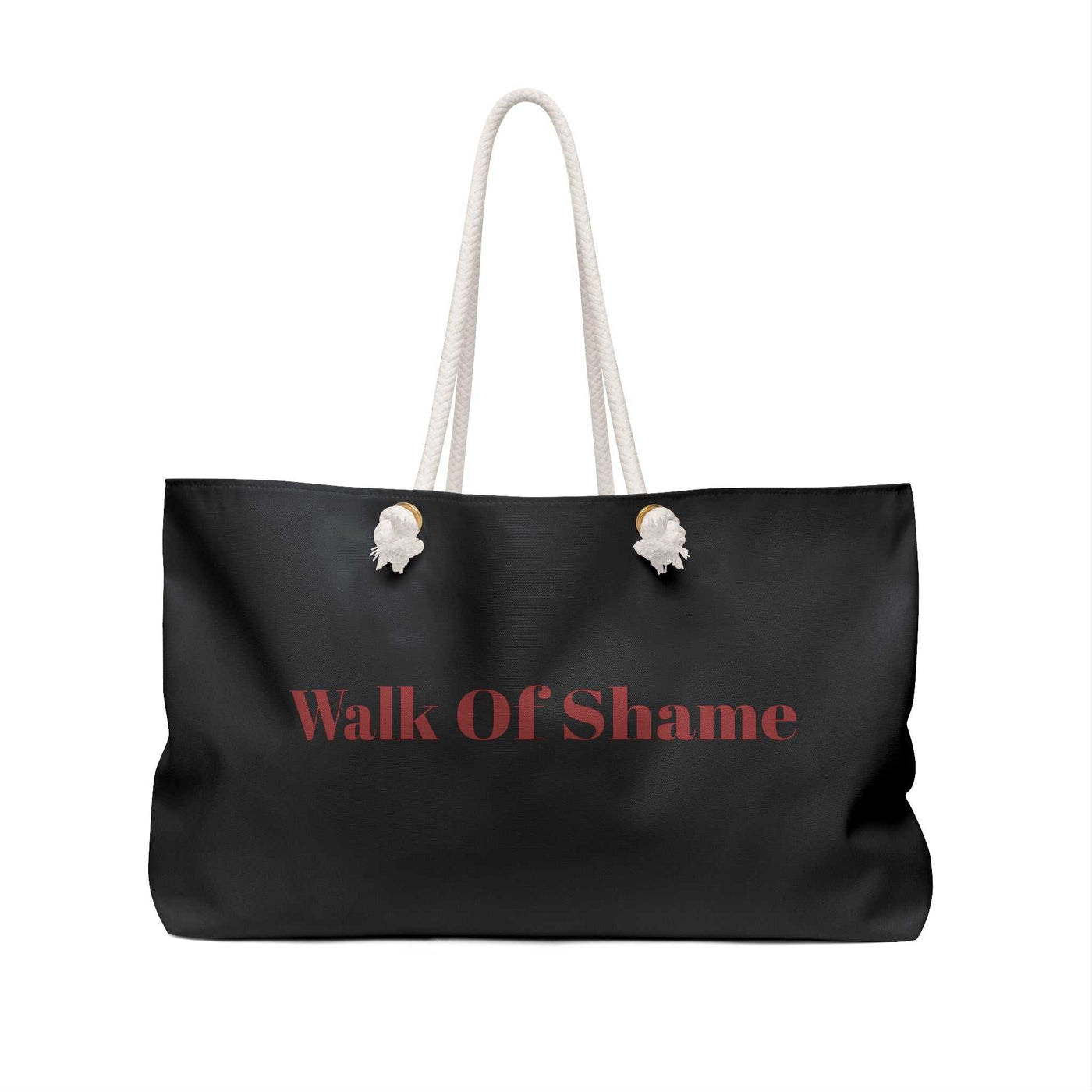 Black KLF Walk Of Shame Weekender Bag with rope handles and red text logo