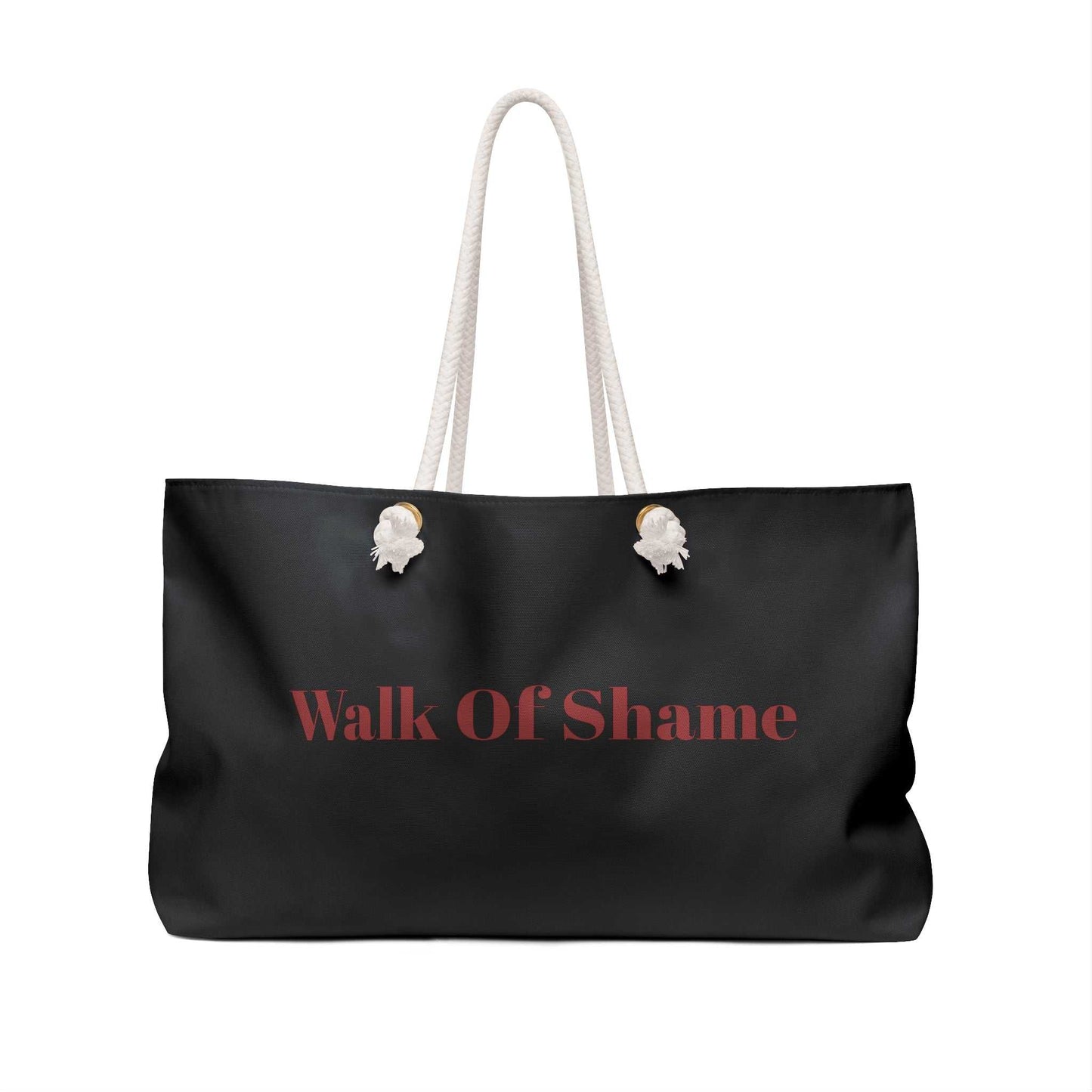 Black KLF Walk Of Shame Weekender Bag with rope handles and red text logo