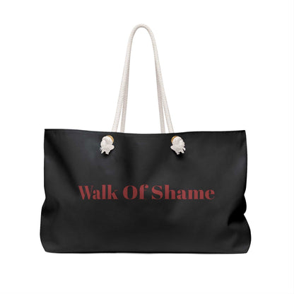 Black KLF Walk Of Shame Weekender Bag with rope handles and red text logo