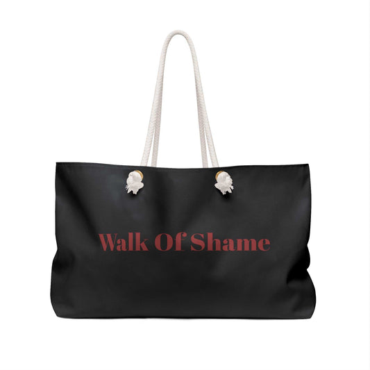 Black KLF Walk Of Shame Weekender Bag with rope handles and red text logo
