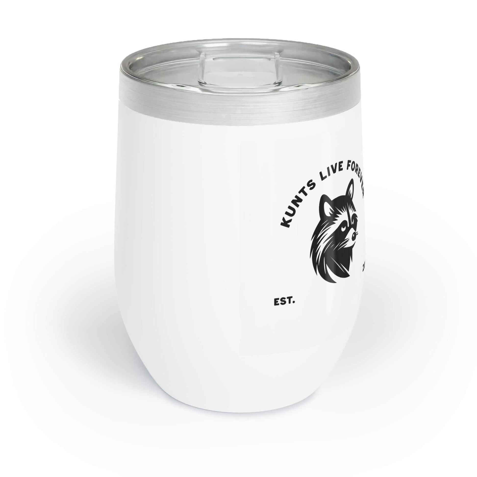 White stainless steel insulated wine tumbler with "Grandma's Sippy Cup" minimalist design and spill-resistant lid