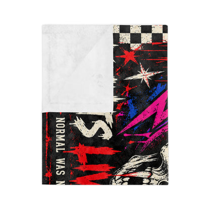 KLF Chaos Never Dies blanket detail showing skull checkerboard and punk graphics