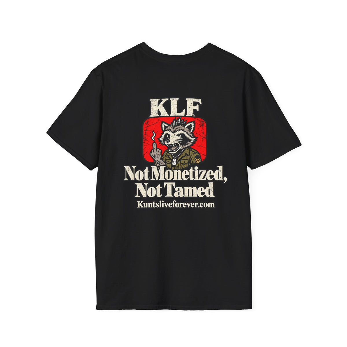 KLF YouTube graphic tee on black shirt, product mockup view 1
