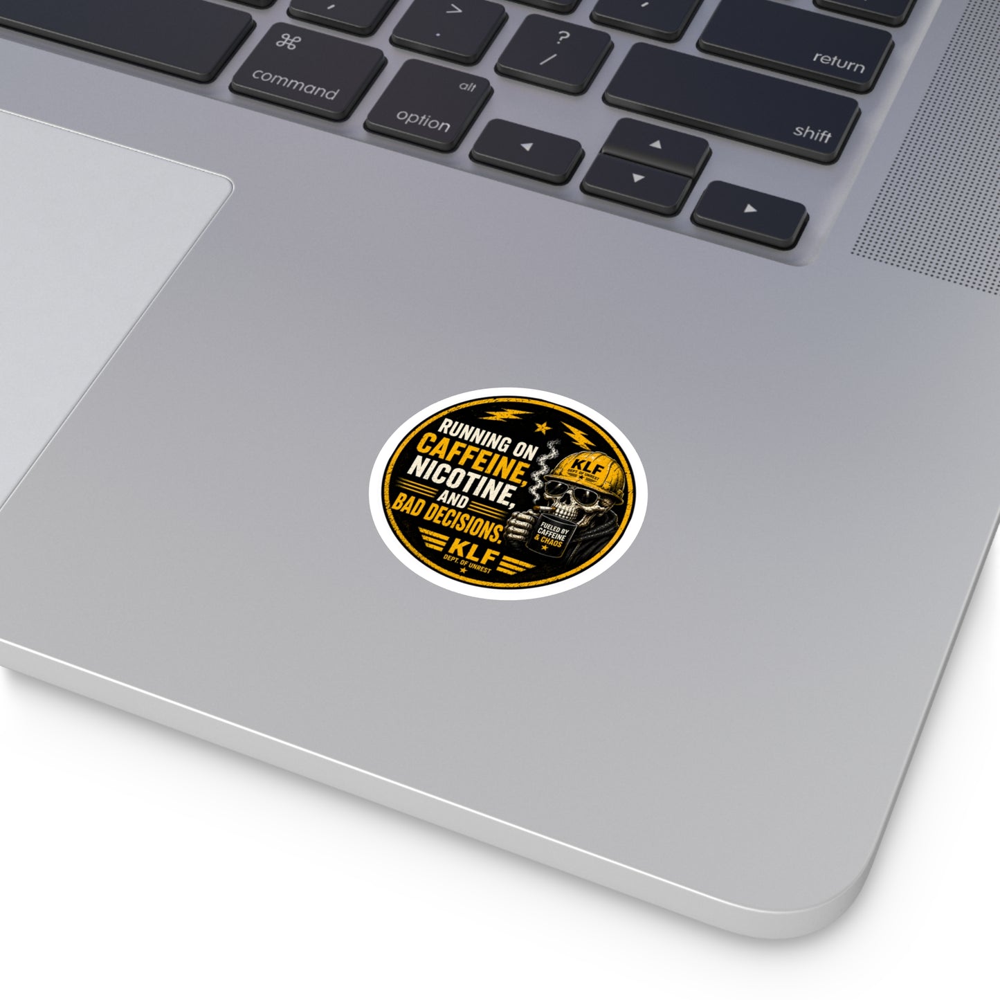 KLF “Running on Caffeine, Nicotine, and Bad Decisions.” Round Sticker | Dept. of Adhesive Warfare | KLF Merch