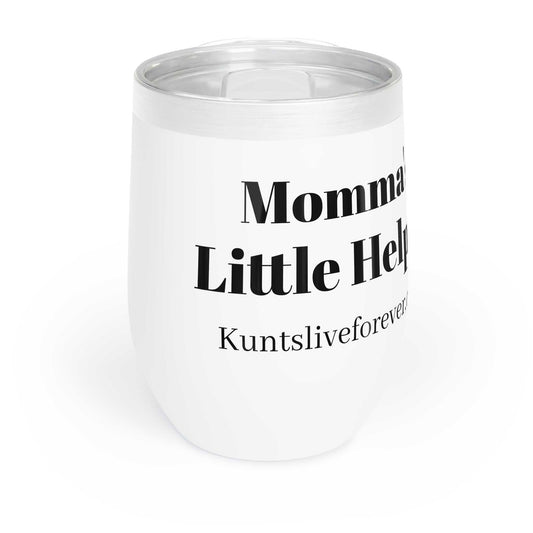 White "Mom's Little Helper" insulated wine tumbler with spill-resistant lid and minimalist black text design