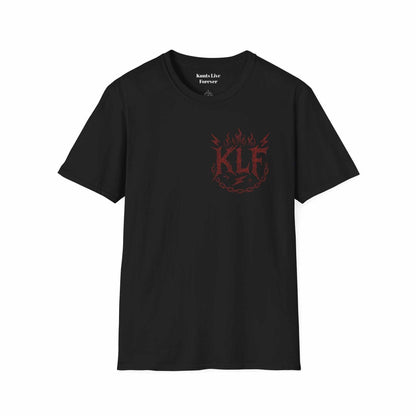Black KLF Knee Deep Hip Strong Tee with red flame and chain graphic on front, unisex streetwear style