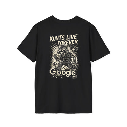 KLF Google graphic tee on black shirt, product mockup view 1
