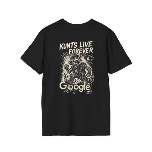 KLF Google graphic tee on black shirt, product mockup view 1