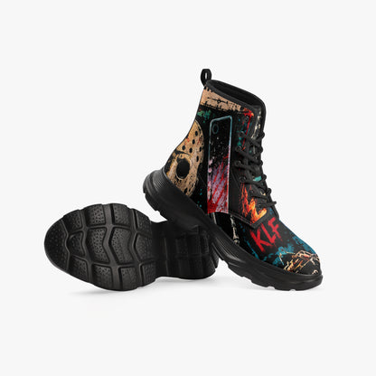 KLF Grave Shift chunky leather boots with neon horror night-shift artwork - product view 1
