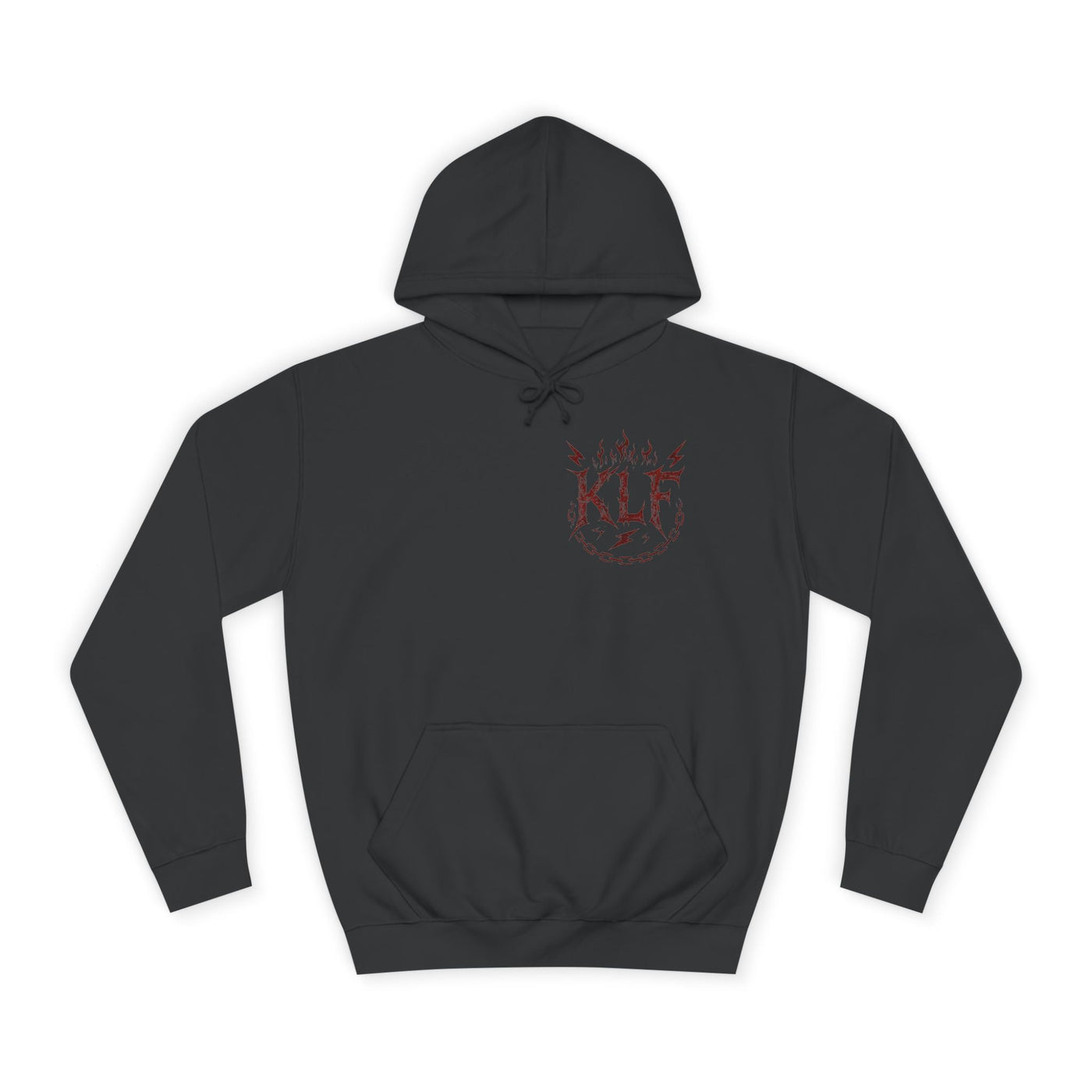 Black KLF Rock Your World Tonight Hoodie with red flame logo, unisex streetwear with glow-in-the-dark print, premium triblend fabric