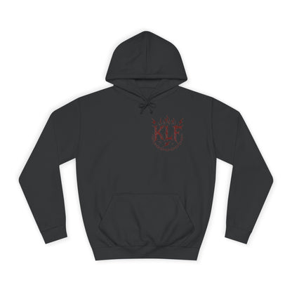 Black KLF Rock Your World Tonight Hoodie with red flame logo, unisex streetwear with glow-in-the-dark print, premium triblend fabric