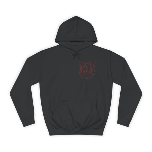 Black KLF Rock Your World Tonight Hoodie with red flame logo, unisex streetwear with glow-in-the-dark print, premium triblend fabric