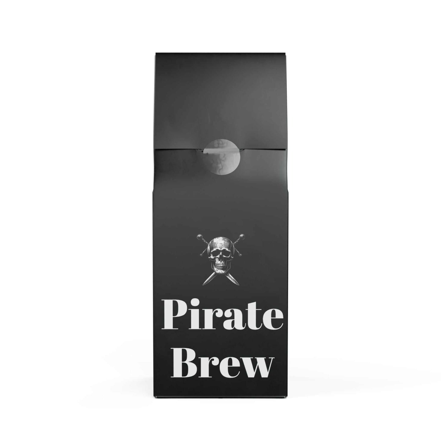 Black packaging of Pirate Brew Blend coffee with skull and crossed swords logo