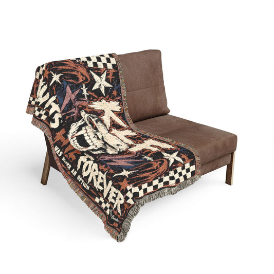 Normal Was Never an Option woven blanket with KLF punk horror skull artwork