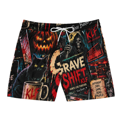 KLF Grave Shift swim shorts with neon horror night-shift artwork - product view 4