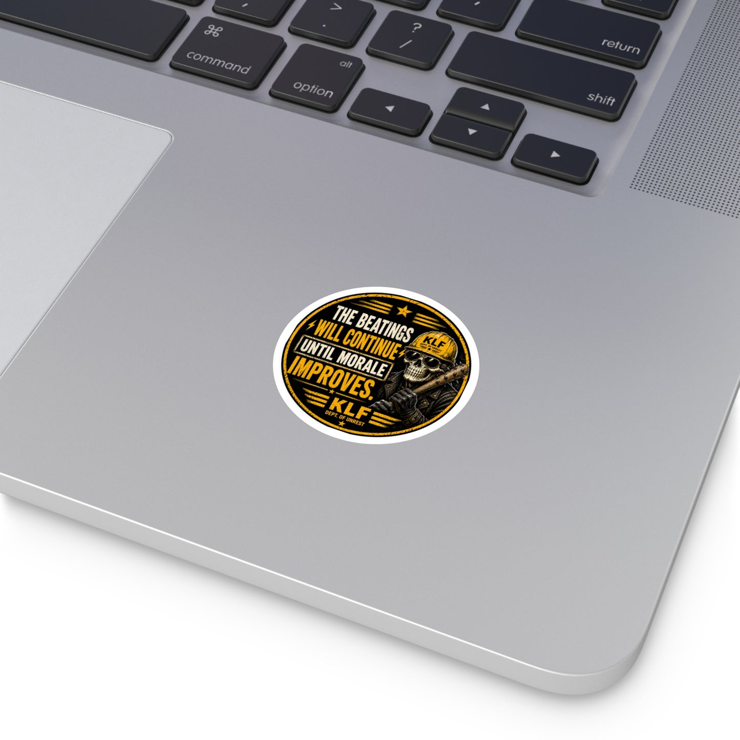 KLF “The Beatings Will Continue Until Morale Improves.” Round Sticker | Dept. of Adhesive Warfare | KLF Merch