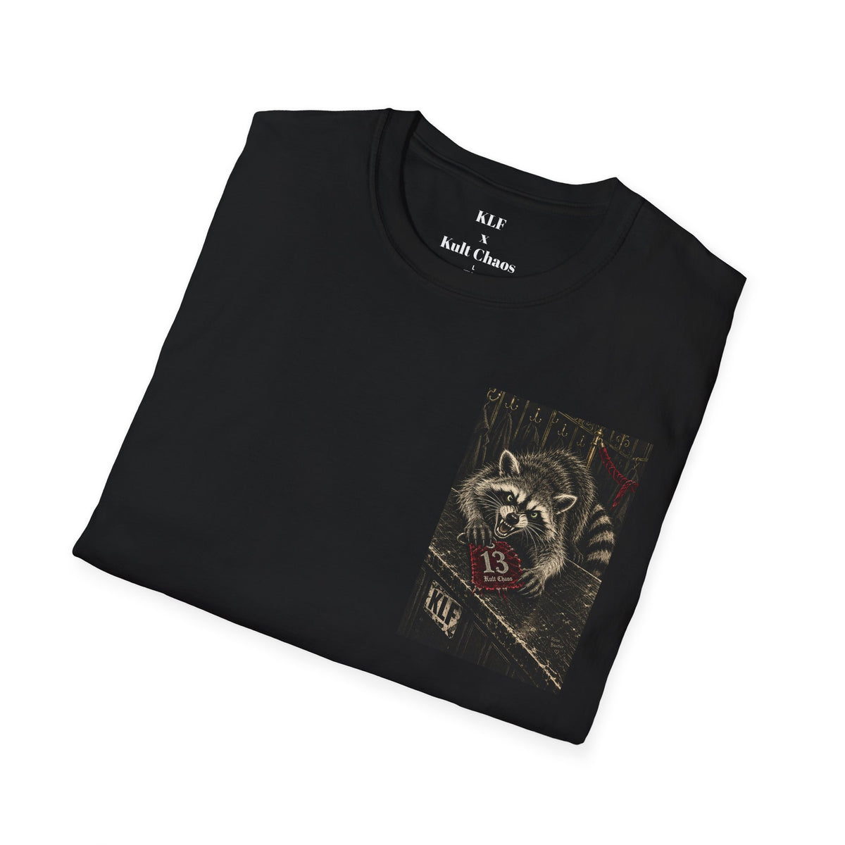 Uninvited KLF × Kult Chaos punk raccoon dark humor graphic tee mockup 4