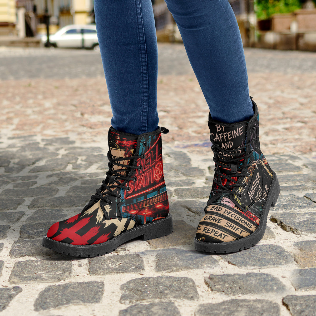 KLF Grave Shift leather boots with neon horror night-shift artwork - product view 5