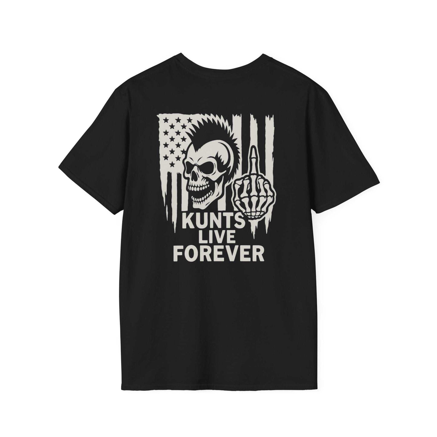Black KLF Veteran KUNTS Bold tee with punk skull and middle finger graphic on American flag background, unisex fit, premium triblend fabric
