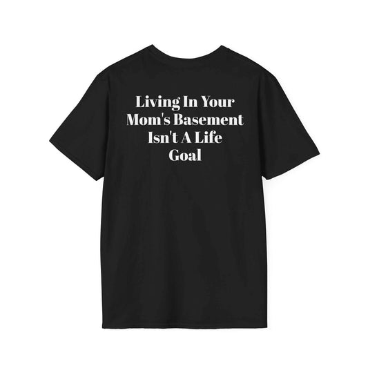 Black KLF Living In Your Mom's Basement Tee with white bold text, glow-in-the-dark streetwear shirt, unisex triblend fabric