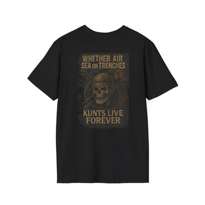 Black punk streetwear tee with "Whether Air Sea or Trenches" skull and helmet graphic and "Kunts Live Forever" text