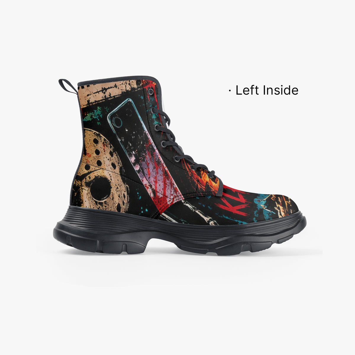 KLF Grave Shift chunky leather boots with neon horror night-shift artwork - product view 6
