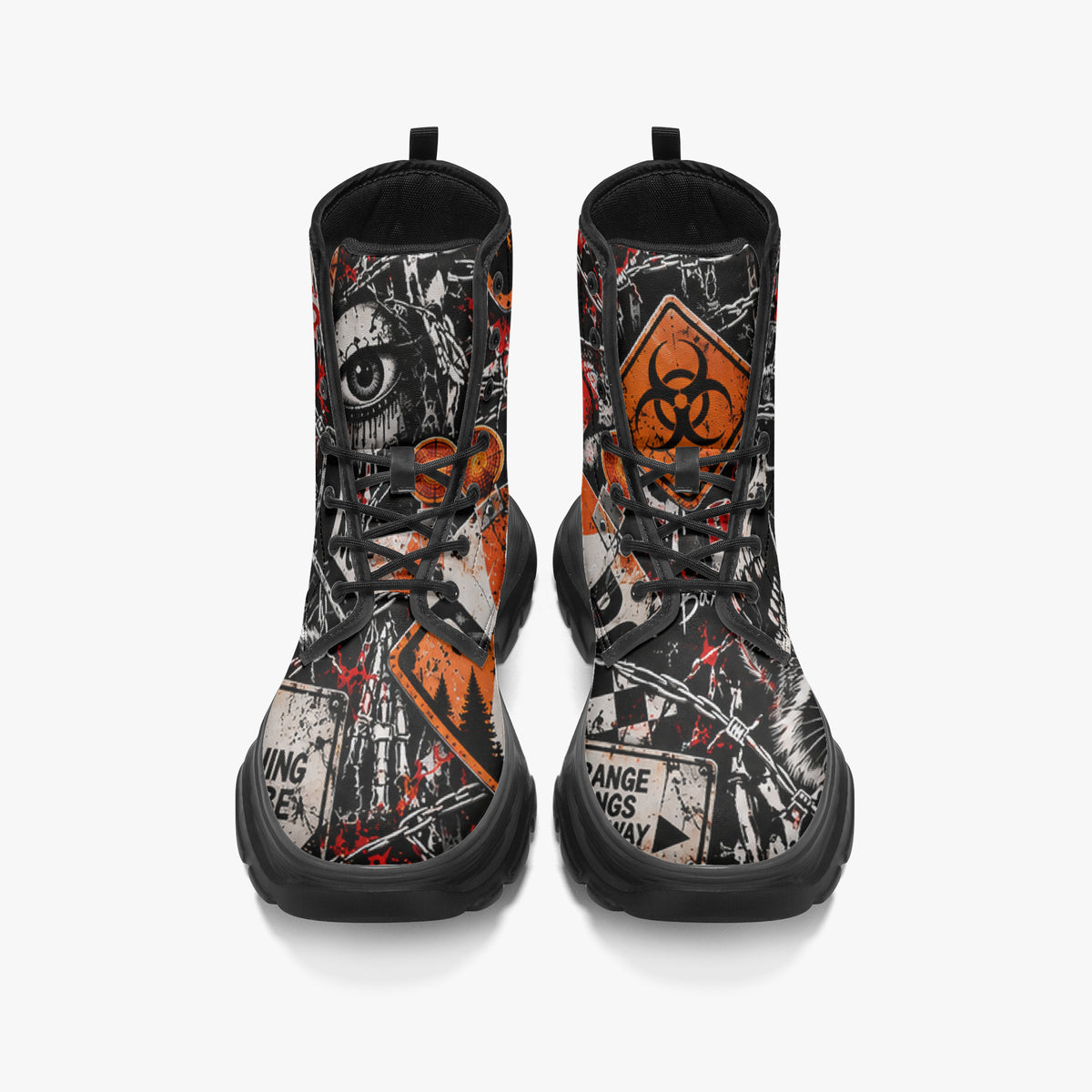 KLF Road Closed chunky boots with Strange Days roadside-horror artwork - product view 4