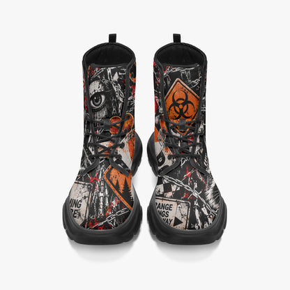 KLF Road Closed chunky boots with Strange Days roadside-horror artwork - product view 4