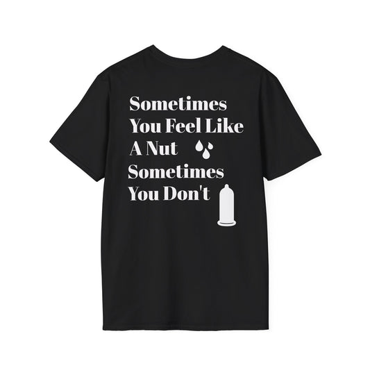Black KLF "Nut" Tee with bold white slogan and graphic print on front, unisex streetwear style