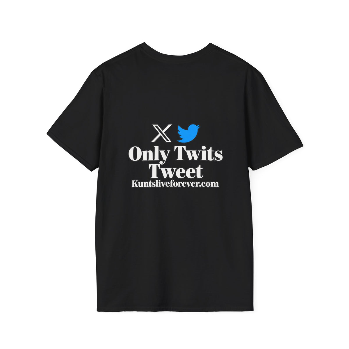 KLF Only Twits Tweet graphic tee, black shirt product mockup view 1
