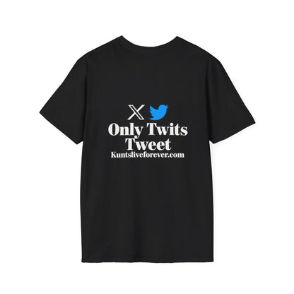 KLF Only Twits Tweet graphic tee, black shirt product mockup view 1