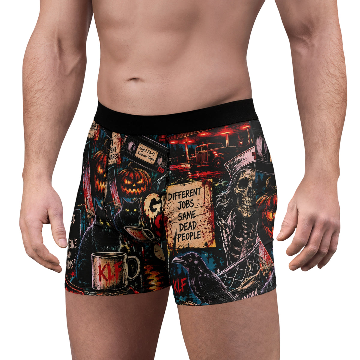 KLF Grave Shift boxer briefs with neon horror night-shift artwork - product view 3