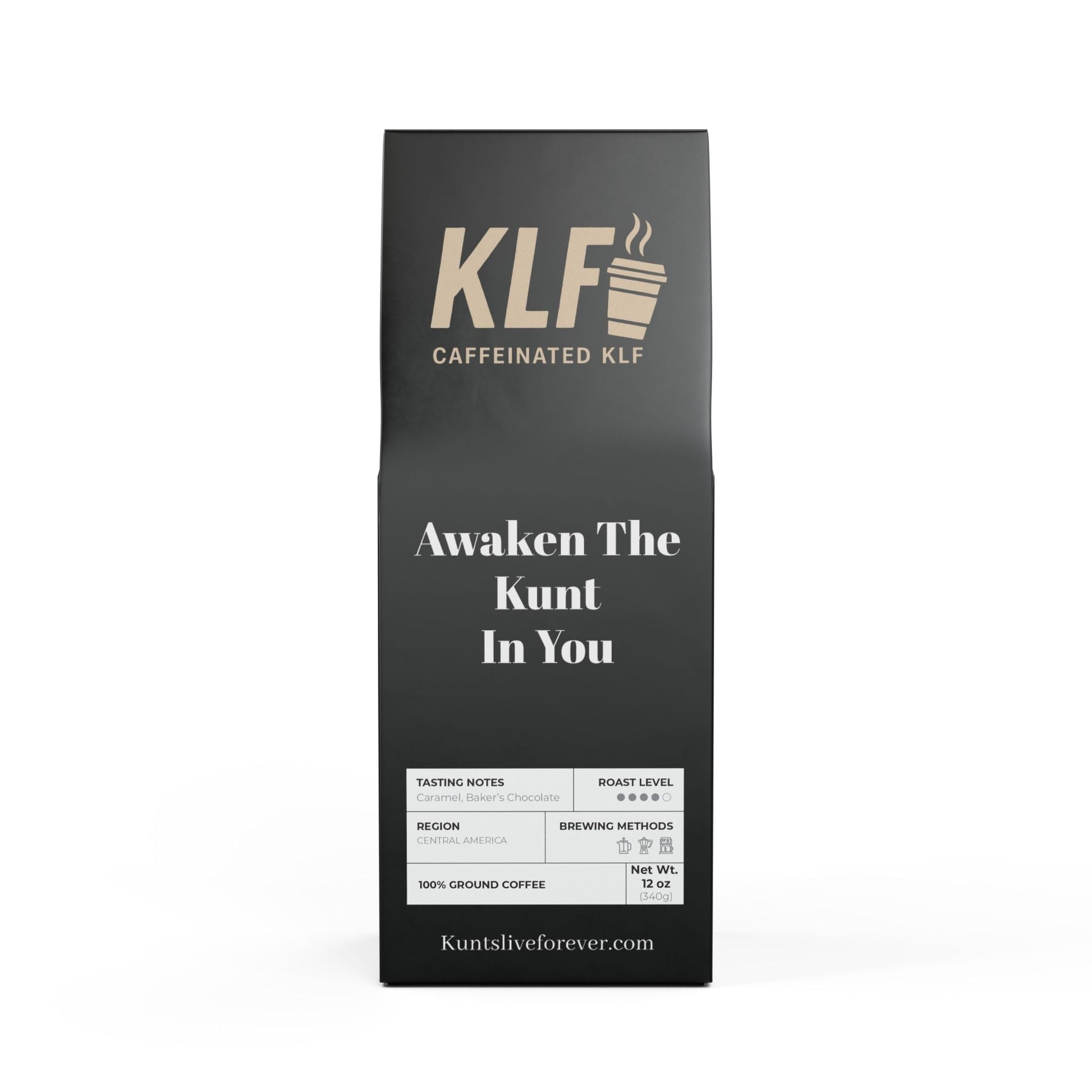 Rabid Racoon Coffee blend medium-dark roast ground coffee bag with KLF branding and brewing information