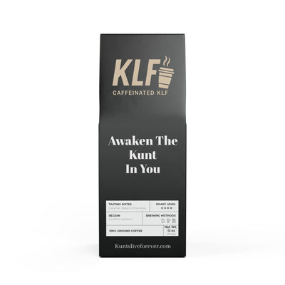 Rabid Racoon Coffee blend medium-dark roast ground coffee bag with KLF branding and brewing information