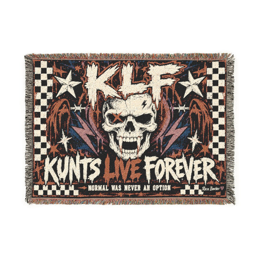Normal Was Never an Option woven blanket with KLF punk horror skull artwork