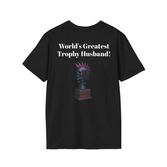 Black unisex tee with "World's Greatest Trophy Husband" text and punk skull trophy design in glow-in-the-dark print