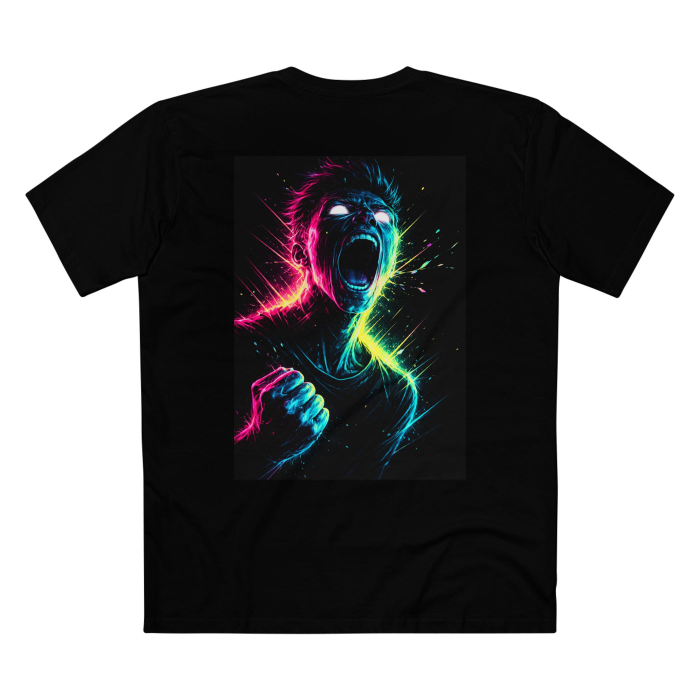 Black t-shirt with a colorful graphic design of a face and hands on a white background