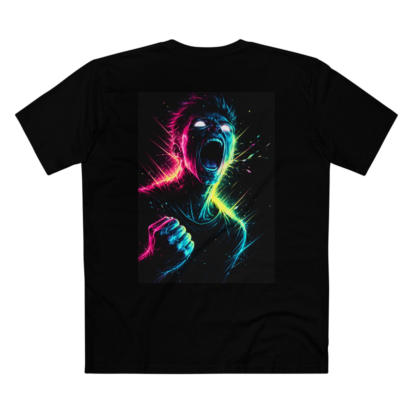 Black t-shirt with a colorful graphic design of a face and hands on a white background