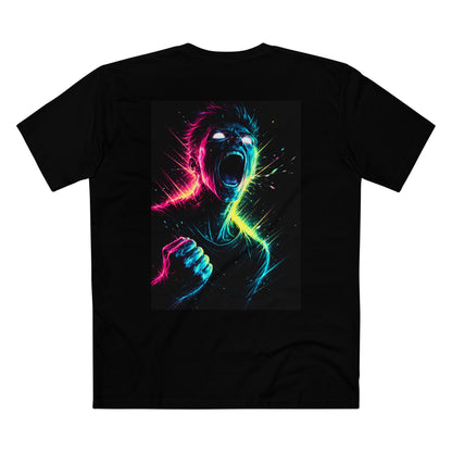 Black t-shirt with a colorful graphic design of a face and hands on a white background