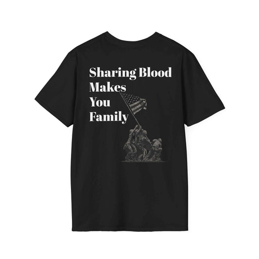 Black KLF "Sharing Blood Makes You Family" veteran graphic tee with American flag and soldier design