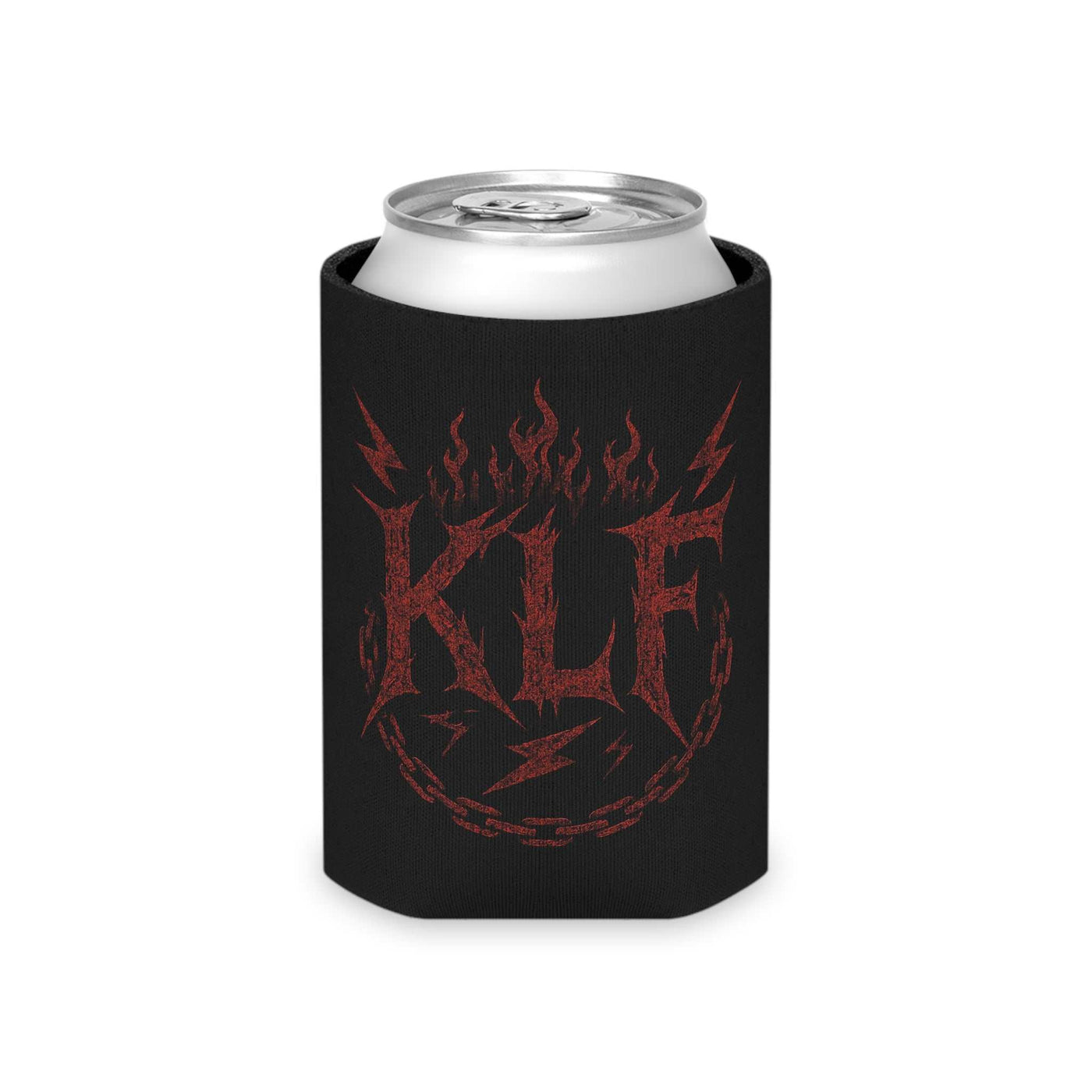KLF Vintage Can Cooler black neoprene drink sleeve with red flame and lightning bolt design