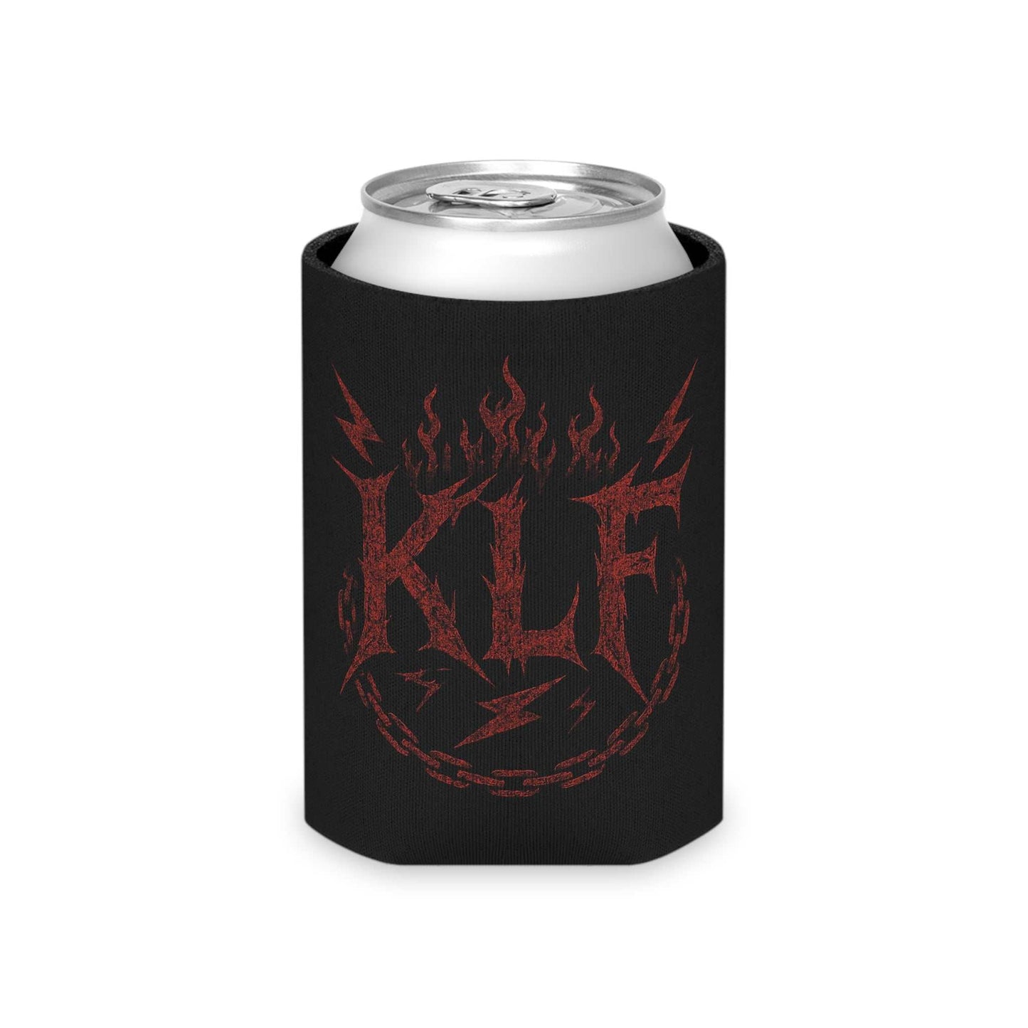KLF Vintage Can Cooler black neoprene drink sleeve with red flame and lightning bolt design