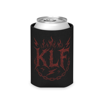 KLF Vintage Can Cooler black neoprene drink sleeve with red flame and lightning bolt design