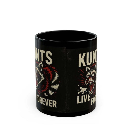 Black ceramic Funny Raccoon Coffee Mug with vibrant chaotic raccoon artwork from KLF Streetwear
