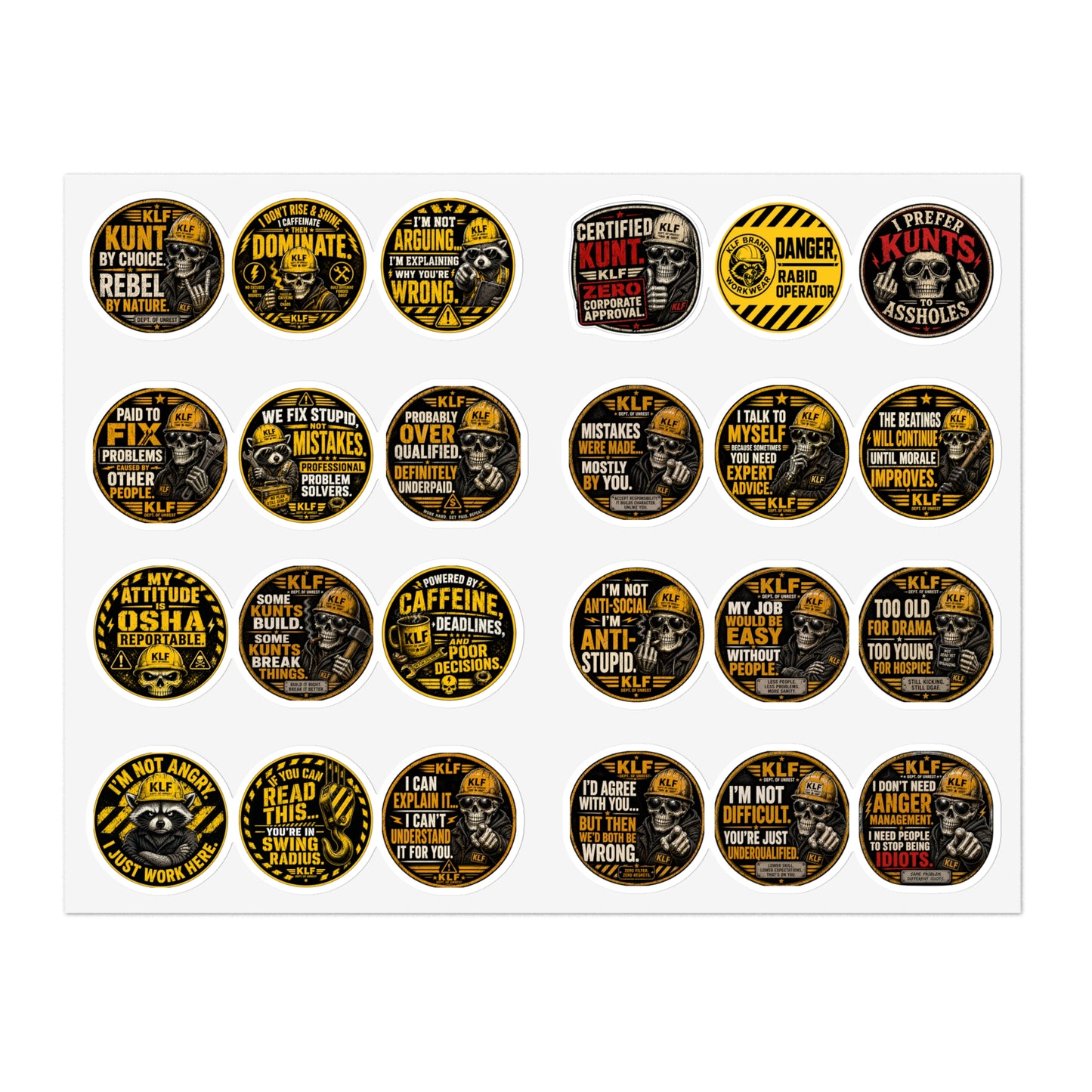 KLF “Dept. of Adhesive Warfare” 240-Sticker Bulk Bundle | 10 Sheets / 24 Designs | KLF Merch
