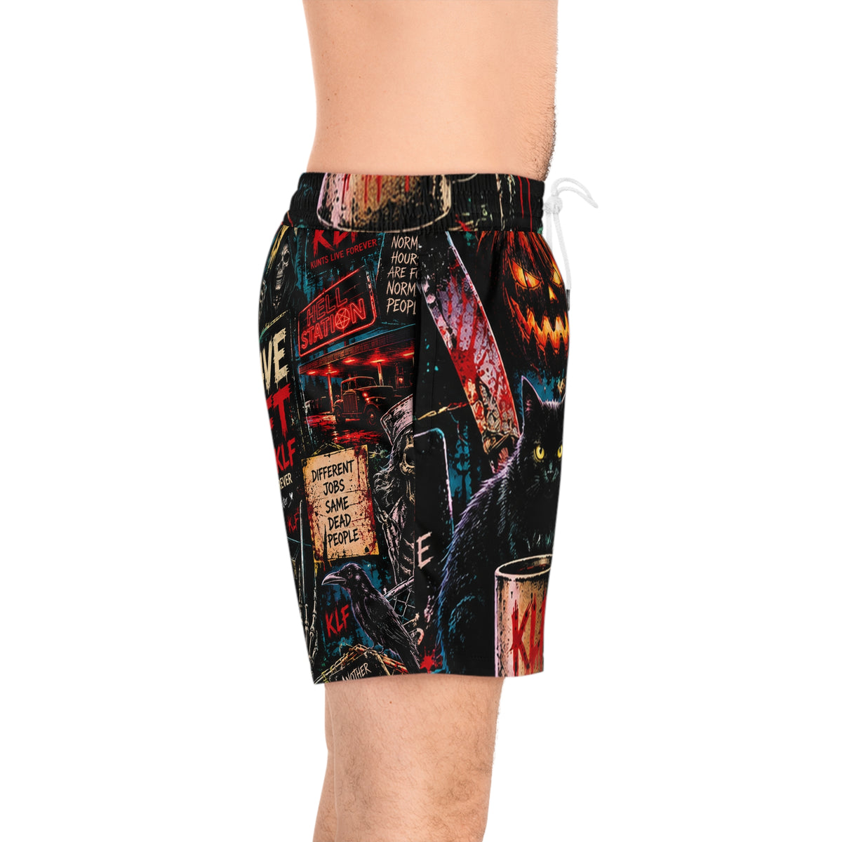KLF Grave Shift swim shorts with neon horror night-shift artwork - product view 5