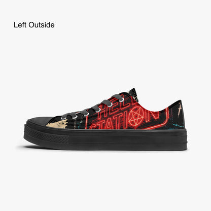 KLF Grave Shift low-top canvas shoes with neon horror night-shift artwork - product view 3