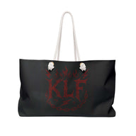 KLF Walk Of Shame black weekender bag with red flame logo and white rope handles