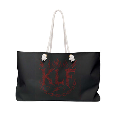 KLF Walk Of Shame black weekender bag with red flame logo and white rope handles