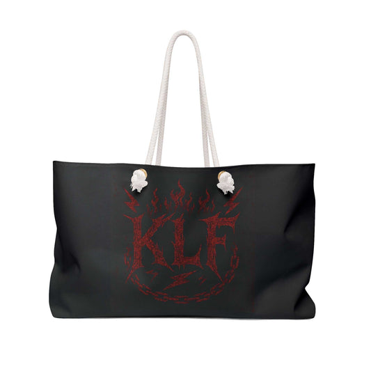 KLF Walk Of Shame black weekender bag with red flame logo and white rope handles